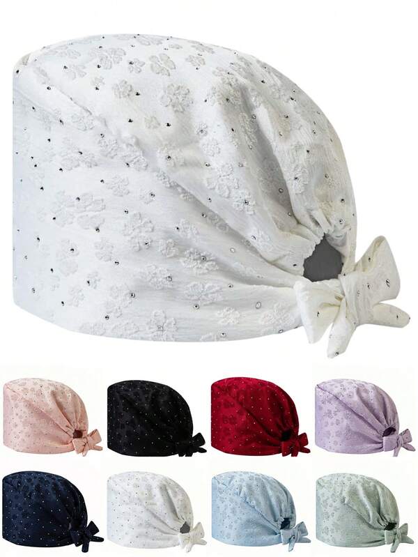 1pc Unisex Rhinestone & Jacquard Floral Pattern Adjustable Work Cap/Nurse Cap/Surgical Cap, One Size Fits All, Sweat-Absorbent, Elastic Band, Suitable For Beauty Salon, Veterinary, Doctor, Nurse, Cleaning Staff