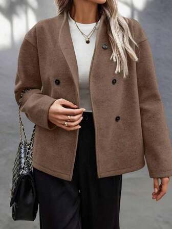 Women's Solid Color Double-Breasted Dragon & Phoenix Woolen Casual Chic British Style Short Jacket