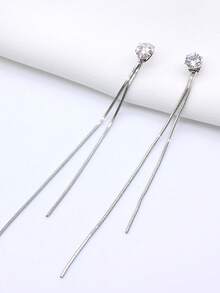 1pair Long Wire Tassel Threaded Faux Pearl Chain Dangle Earrings With Star & Heart Beaded Pendants For Women Jewelry - Silver - View 8