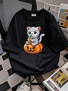 Women T-Shirt Print Kawaii Mummy Cat Drinking Boba Tea Halloween Pumpkin Men Women  T-Shirt T-Shirt For Women Casual Women Top Graphic Tees Comfortable Versatile Graphic Casual Top For Everyday Wear Summer Women Print Round Neck Short Sleeve Soft Designer Clothes