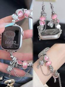 Apple Watch Band For Women, Pink Beaded Pearl Pendant Heart Bling Bling Bracelet Strap For Apple Watch Ultra 3/2/1 SE Series S11/S10/S9/S8/S7/S6/S5/S4/S3/S2/S1, Fashionable, Youthful, Noble, Elegant Gift For Girlfriend, 38mm/40mm/41mm/42mm/44mm/45mm/46mm/49mm Women Smart Watch Accessories