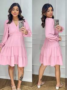 Duna Long Sleeve Short Dress - Evangelical Fashion, One Size G (Up To 44) - 玫瑰 - 查看 2
