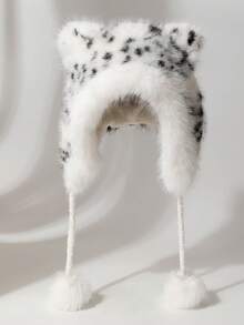1 pieza Sombrero de estilo coreano versátil y lindo con orejas de gato, estampado de leopardo y cordones, sombrero de trampero de piel sintética gruesa y cálida para protección de orejas, a prueba de viento, para ciclismo y esquí al aire libre en otoño/invierno