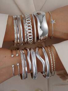 3-19pcs/Set Exaggerated Asymmetrical Wide Cuff Bracelet Set, Fashionable Accessories Suitable For Daily Wear, Dating, Party, Birthday Gift For Women