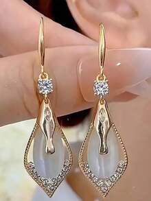 1 pieza Pendientes colgantes de ojo de gato con piedras de cristal de lujo con diseño geométrico de moda, pendientes largos únicos de estilo francés elegante y versátil - Multicolor - Ver 3