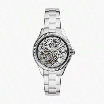 Fossil Reloj automático mecánico de acero inoxidable para mujer con esfera de patrón hueco, color plateado, correa de acero inoxidable, estilo elegante y de moda, adecuado para la vida diaria, citas, diversas festividades y como regalo de reloj. BQ3753