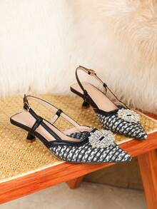 Elegantes tacones altos de mujer con hebilla de cristal de colores negro y blanco, tacones de gatito con puntera puntiaguda, ideales para el Día de San Valentín, Halloween, temporada de graduación, citas, compras, ir al trabajo, fiestas