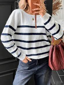 Suéter holgado de manga larga, sin espalda, de estilo informal y de vuelta al colegio con rayas, para mujer, de otoño e invierno de Just Masa