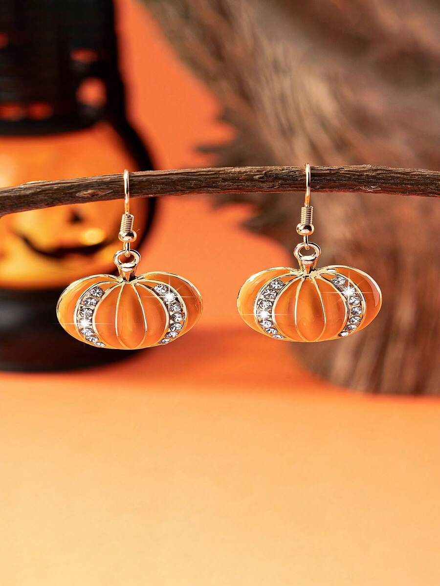 1 Pair Luxury Alloy Pumpkin Oil Drop Earrings, Rhinestone Stud Jewelry For Women, Everyday Wear