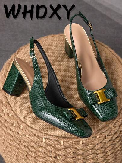 WHDXY 1 Pair Women's Square Toe Backless Preppy Style Buckle Decor Office High Heel Pumps, Sexy Runway 7CM Chunky Heel Dress Shoes For Work, Flight Attendant, Party