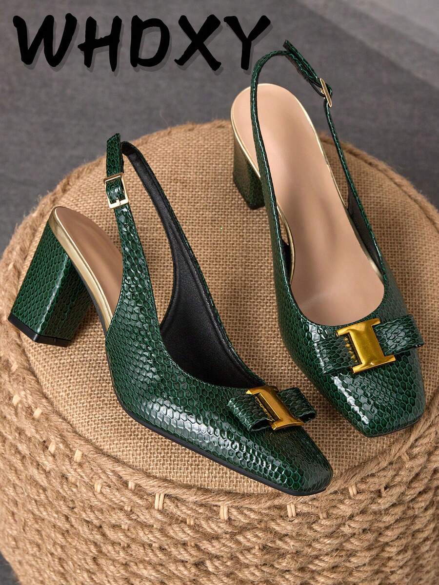 WHDXY 1 双女式方头露背学院风带扣装饰办公室高跟鞋，性感走秀款 7 厘米粗跟正装鞋，适合工作、空乘、派对 - 綠色 - 查看 1