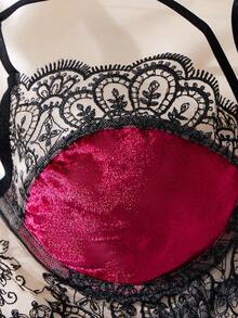 1 Sets Of 2-Piece Women's Black And Burgundy Velvet Embroidered Lace Hem Underwear Set, Adjustable Shoulder Straps, Daily Bra And Panty Underwear Lingerie Set, Daily Home Christmas And Halloween Party Gifts - Burgundy - View 3