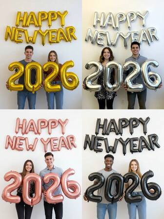 19 piezas/Set Decoraciones de fiesta de Año Nuevo, Globos de letra de lámina "Feliz Año Nuevo" de 16" en dorado/plateado/negro/rosa dorado, Globos de número "2026" de 32" en dorado/plateado/negro/rosa dorado, Adecuado para decoración de fiesta de Año Nuevo, Navidad, Nochevieja 2026