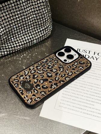 1 pieza Funda protectora de teléfono de tacto suave con cobertura completa, con incrustaciones de strass y estampado de leopardo de lujo en color dorado brillante compatible con iPhone 17 Pro Max