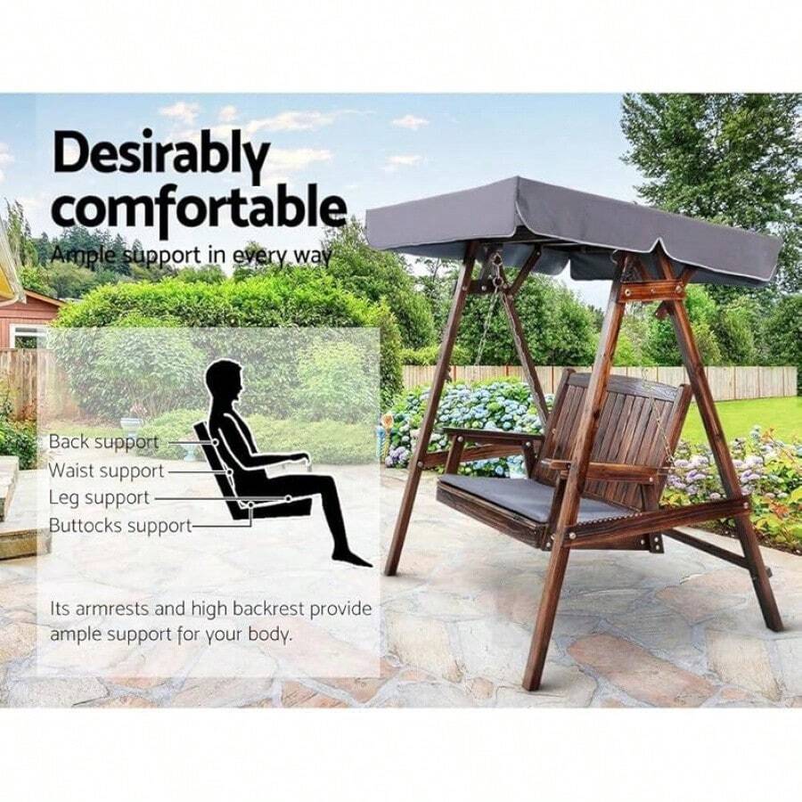 Gardeon Outdoor Swing Chair Wooden 3 Seater Teak Garden Hanging, Patio Baconly Furniture Chairs, With Adjustable Canopy Cushions Stand Resistant 360kg Capacity - Mô hình 1 - Xem 1