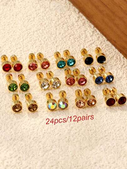 12 pares de brincos de pino redondos e brilhantes de zircônia cúbica da moda feminina, aço inoxidável banhado a ouro 18K, hipoalergênico, multicolorido para trajes casuais e presentes de Natal, adequados para o Dia dos Namorados, Dia das Mães e Natal