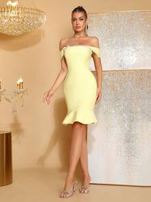 Vestido longo feminino, elegante, feito à mão, com contas de unha, ombro de fora, costas nuas, com babados, amarelo, comprimento até o joelho, para casamento, dama de honra, baile, festa