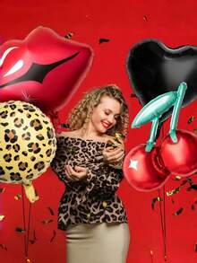 9个单只派对气球 - 黑红铝箔气球套装，包含樱桃、嘴唇和猎豹图案，适合单身派对装饰、女士生日派对和婴儿派对用品