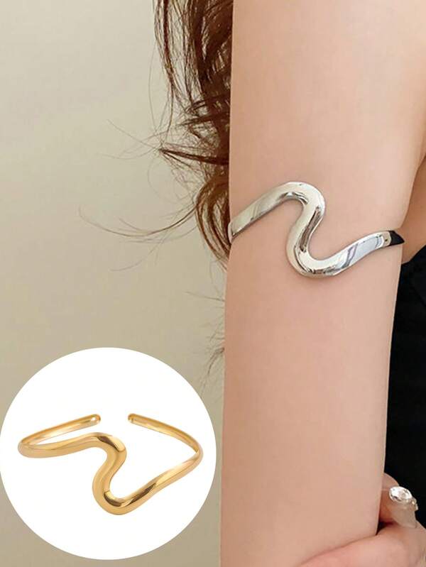 1pc Geometric Wave Open Bangle Bracelet, Asymmetrical Shiny Metal Minimalist Fashion Accessory