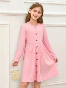 Girls Dresses Kids Button Down Midi Long Sleeve Casual A Line Dress With Pockets 4-14 Years - Xanh nhạt - Xem 7