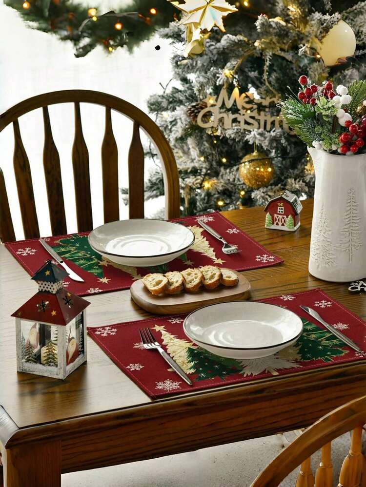 2 件圣诞树雪花冬季餐垫套装，12x18 英寸季节性红色圣诞桌垫，圣诞树亚麻餐垫粉红金色节日冬季假期圣诞节餐厅厨房餐厅餐桌装饰适合家庭庆祝派对装饰圣诞装饰适合家庭 2025 年礼物新年 2026 年桌垫装饰派对厨房餐厅装饰 - 彩色 - 查看 2