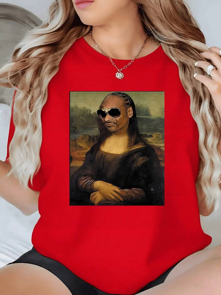 Moderna Casual Manga Corta Gráfica 1 unidad de Camisa de T 100% algodón para Mujer Parodia Arte Mona Lisa Snoop Dogg Gafas de Sol Camisa de T con Estampado Digital 220 Gramos Estilo Urbano Divertida Única Novedad - Rojo - Ver 1