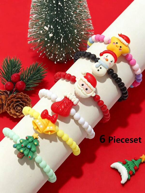 6 pièces/set Bracelet de Noël en résine avec perles, set de bijoux pour filles, convient pour le port en soirée pour adolescentes, perles de couleurs aléatoires