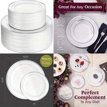 5/10/20/25/50 قطعة أطباق بيضاء بحافة فضية قابلة لإعادة الاستخدام بقطر 7.5 بوصة/10.25 بوصة، مزينة بالذهب، تصميم أبيض وفضي بسيط، مثالية لحفلات راقية، حفلات الزفاف، المناسبات، أعياد الميلاد، المناسبات الرسمية