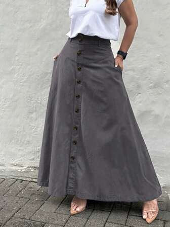 レディース エレガントな無地ハイウエスト ミドル丈Aラインスカート ポケット付き ボタン前スリット、ファッショナブルで実用的、春夏秋冬着用可能