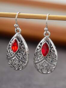 1 par de nuevos pendientes vintage con circonita roja tallada en forma de gota de agua y pera, accesorio de regalo de joyería