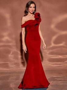 女式荷叶边不对称露肩修身优雅鱼尾下摆鸡尾酒会晚礼服 - 紅色 - 查看 5