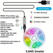 RGB 5050 LED Strip Lights Set - USB Powered, Flexible Tape For TV Background, Game Room Decor - 3 Key Control - Multicolor - View 8