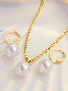 Set de 3 piezas de collar y aretes de perla minimalista y de moda, adecuado para uso diario, festivales y atuendo de fiesta de mujer - Amarillo Oro - Ver 3