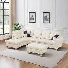 White Faux Leather 3-Piece Sofa Set With Storage Ottoman | [2 Options]2 Purchase Options: Complete Set With 2 Pillows Or Ottoman Only, Modern Living Room Couch With Solid Wood Frame, Easy Assembly - 白色 - 查看 11