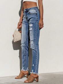 Women Straight Leg Distressed Hem Pocket Detail Casual Denim Jeans - Medium Wash - View 5