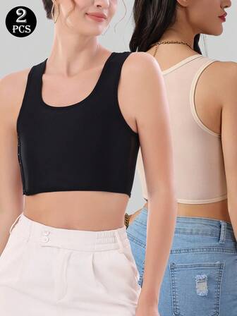 2pcs/Set Side Button Up Sports Bras For Women, Compression, Flattening Bust, Low-Cut Vest