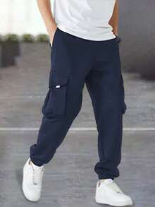 2pcs/Set Teen Boys Casual Multi-Pocket Drawstring Waist Pants, Suitable For Spring, Summer, Autumn, Winter - Black - View 7