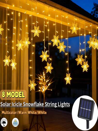 Solar Snowflake Icicle String Lights, 96/160 LED Christmas Lights For Indoor/Outdoor, IP65 Waterproof With 8 Modes Eave Lights, Suitable For Christmas, House, Garden, Trees, Yard, Festival Decorations (Warm White/Multicolor/White)