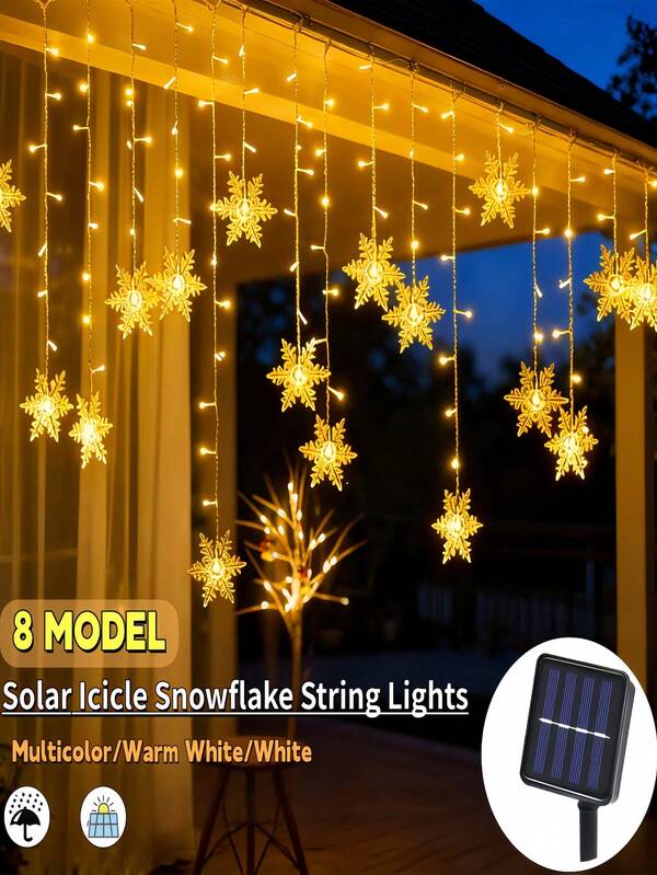 Solar Snowflake Icicle String Lights, 96/160 LED Christmas Lights For Indoor/Outdoor, IP65 Waterproof With 8 Modes Eave Lights, Suitable For Christmas, House, Garden, Trees, Yard, Festival Decorations (Warm White/Multicolor/White)