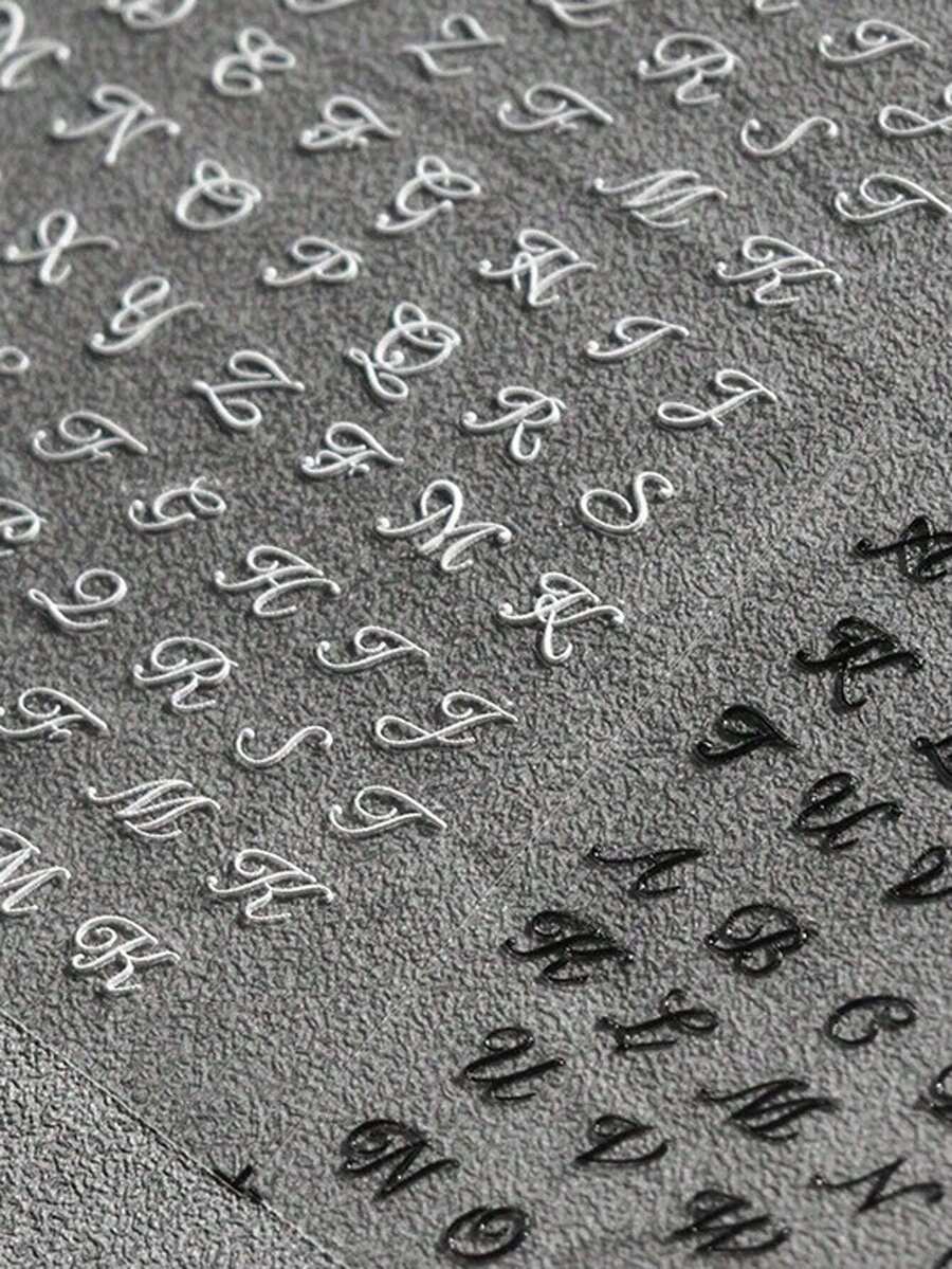 4-Colors Letter Nail Stickers, 4 Sheets Old English Letter Nail Decals 3D Self-Adhesive Gold Silver Black White Retro English Pattern Old Alphabet Cursive Nail Design Manicure Nail Accessories For Women Girls (10X8cmSheet )