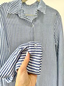 Linen Button Down Shirt Beach Cover Up Long Sleeve Striped Striped Polyester Button Holiday Daily Travel Summer - Navy Blue - View 3