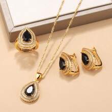 18K Gold Plated Elegant Minimalist Water Drop Jewelry Set, Includes Earrings, Necklace Pendant, Adjustable Ring, Synthetic Cubic Zirconia, Bridal Wedding Fashion Accessories, Suitable For Daily Wear, Christmas, Halloween, Thanksgiving, Valentine's Day, Anniversary