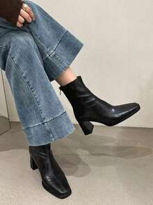 2025 Pointed Toe Ankle Boots For Women, Thick Heel Zipper Back, Black Patent Leather, High-End Boots, Autumn/Winter 2025 New Arrival, High Heels - Black - View 6
