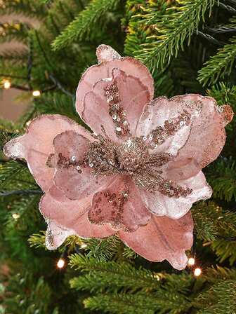 3/5 Pcs Extra Large Shiny Pink Blue Christmas Artificial Flower Christmas Tree Decoration Pendant Ornaments Glitter Champagne Red Flowers Suitable For Merry Christmas Christmas Party Home Garden Decoration Room Background Decoration, Christmas Window Decoration, Christmas Tree Decoration Artificial Flower Home Decor Christmas Decorations Room Decor