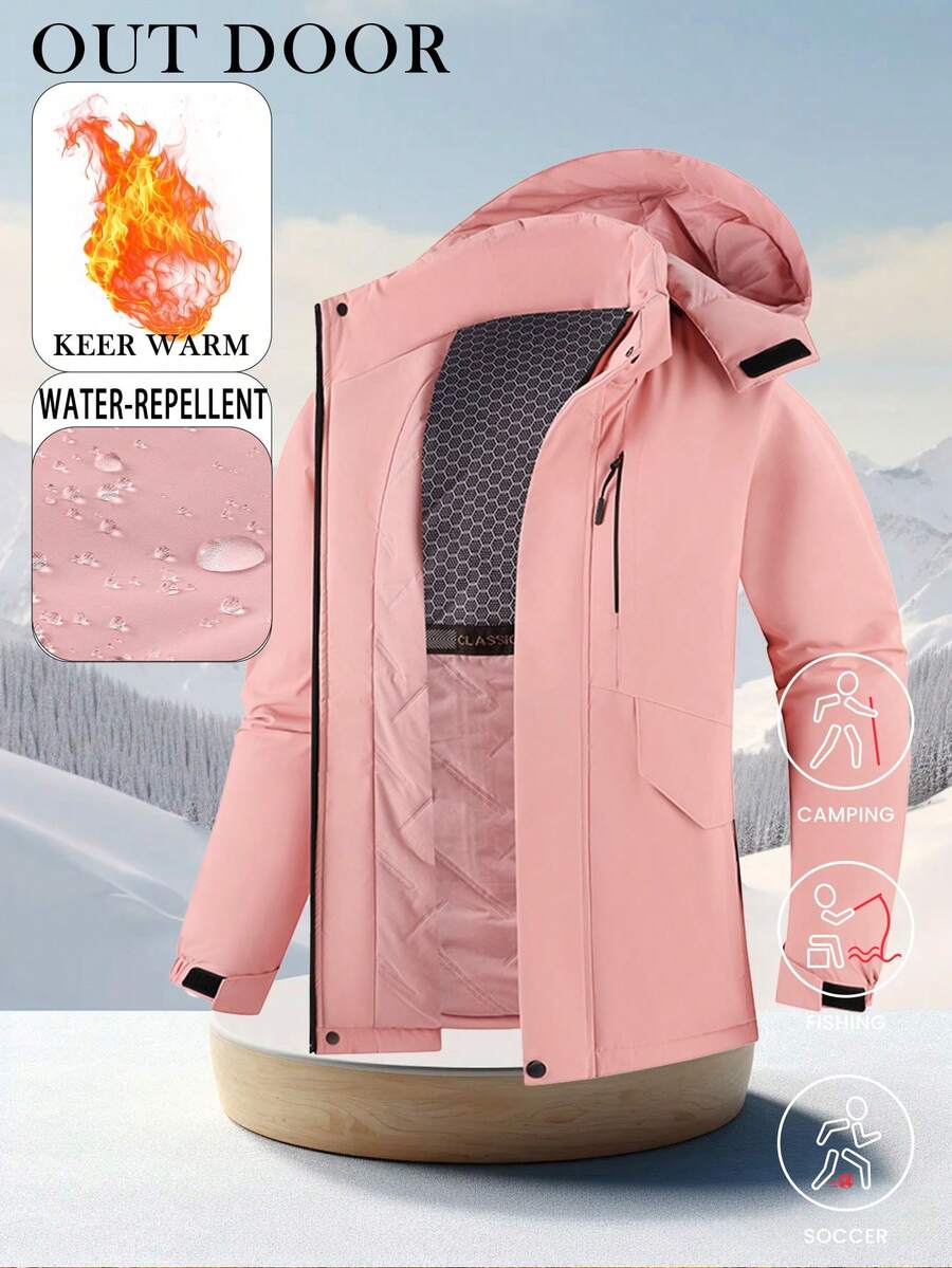 Women's Solid Color Thickened Windbreaker Jacket For Outdoor Sports, Autumn/Winter,Skiing - Baby Pink - View 1