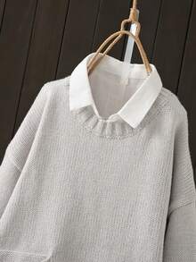 Plus Size Women Long Sleeve Pullover Sweater With Single Side Pocket, Suitable For Autumn/Winter - Grey - View 3