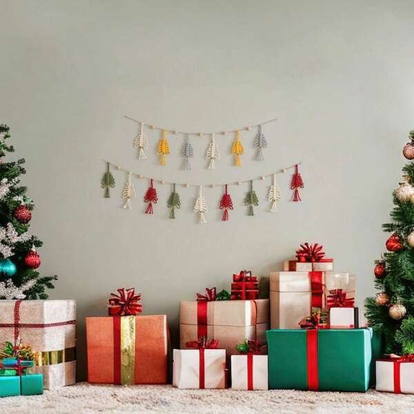 1 Stück Makramee Wandbehang Weihnachten, Boho Stil Faserkunst Wandteppich, Weihnachtsbaum Perlen Hintergrund Wandvorhang Dekoration, handgewebter Aufhänger für Wohnzimmer, Schlafzimmer, Kopfteil