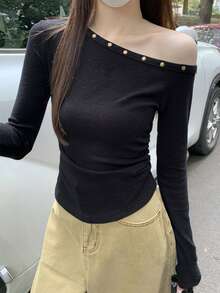 Korean Style Chic Asymmetric Shoulder Ruched Rivet Sexy Long Sleeve T-Shirt Top, Spring - Black - View 5