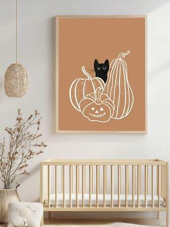 1pc Frameless Halloween Cat & Pumpkin Wall Art Spooky Printable Poster For Cat Lovers, Autumn Aesthetic Canvas Print With Witchy Vibes, Gothic Room Decor For Bedroom/Dorm/Party, Perfect Back To School Gift & Funky Posters (Wall Prints, Decor, Bedroom Decor )