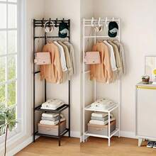 1pc Heavy Duty Freestanding Garment Rack - Space Saving Closet Organizer With Hooks, Sturdy Metal Construction, No Assembly Required - Suitable For Bedroom, Wardrobe, Living Room - Modern Black/White Clothes Rack, Ideal For Small Spaces, Bedroom Storage, Stylish Design, Polished Surface, Essential Storage Solution For Apartment Dwellers